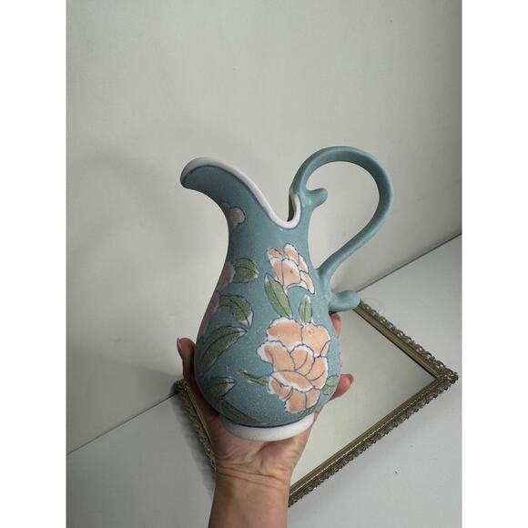 Vintage Glazed Sand Textured Botanical Roses Blue Ceramic Ewer Pitcher Vase - Picture 5 of 9